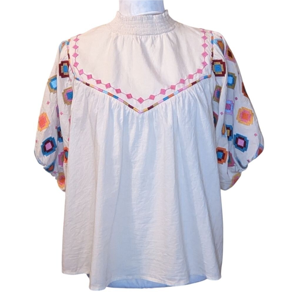 Boho Aztec Southwest Embroidered Women's Top Multicolor Medium